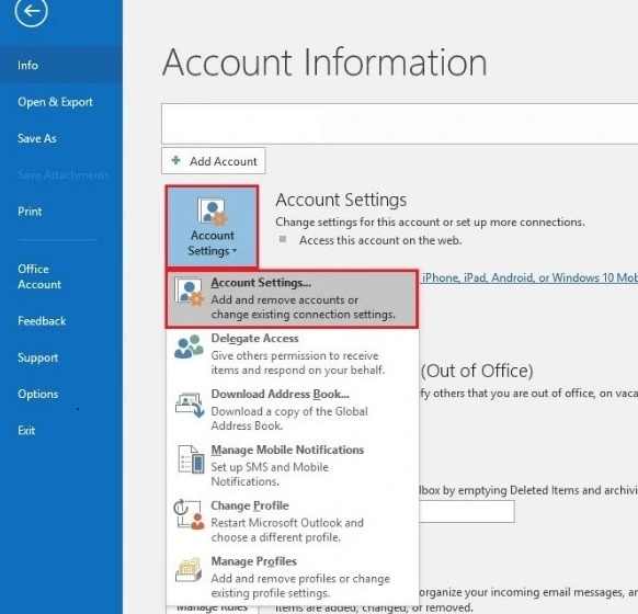 Setup An Email Account in Microsoft Outlook 2016 or 365 - Account Settings