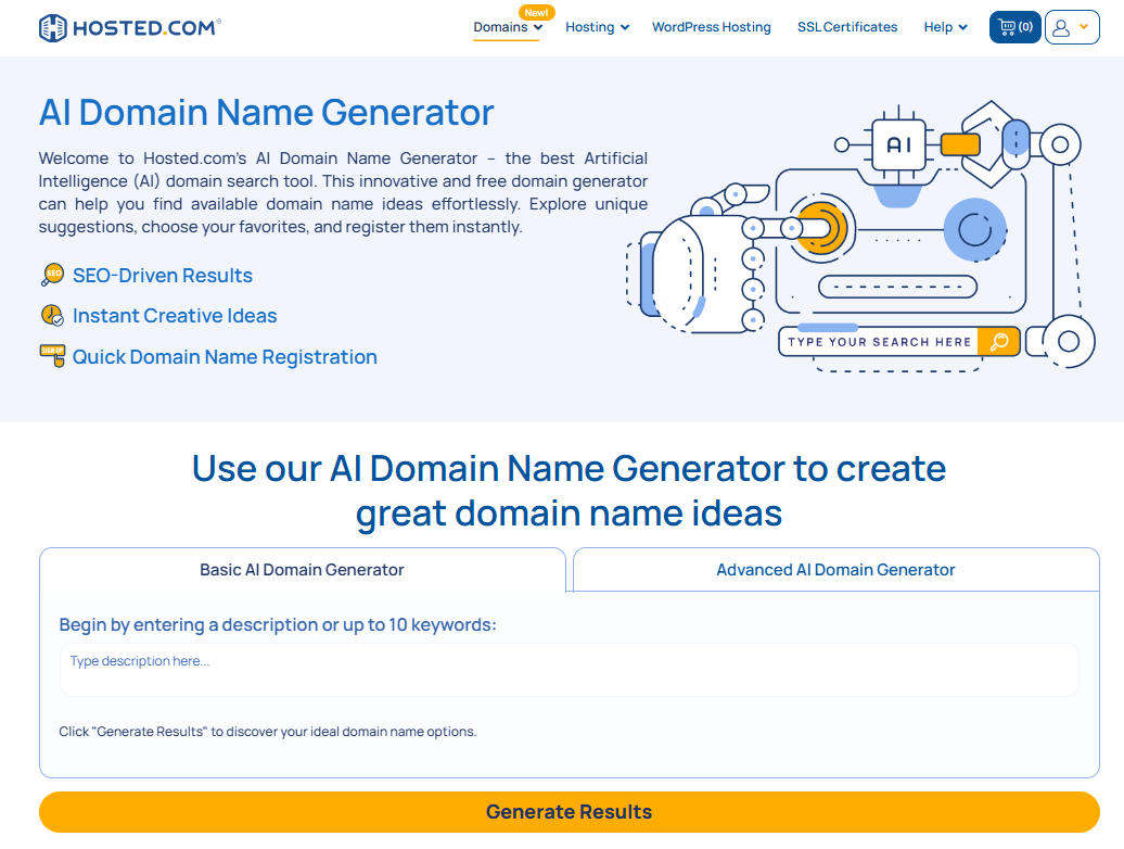 How To Use Hosted.com®’s AI Domain Name Generator - Webpage