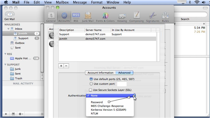 Setup Apple Mail Outgoing Mail Servers - Advanced Settings