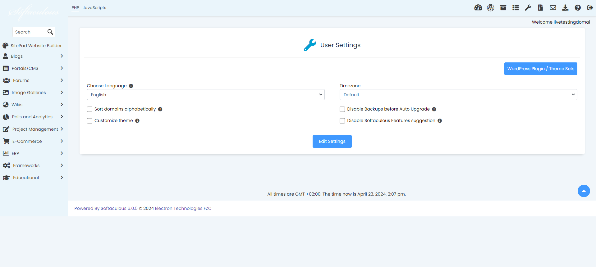Change Softaculous Settings & Email Settings - User Settings