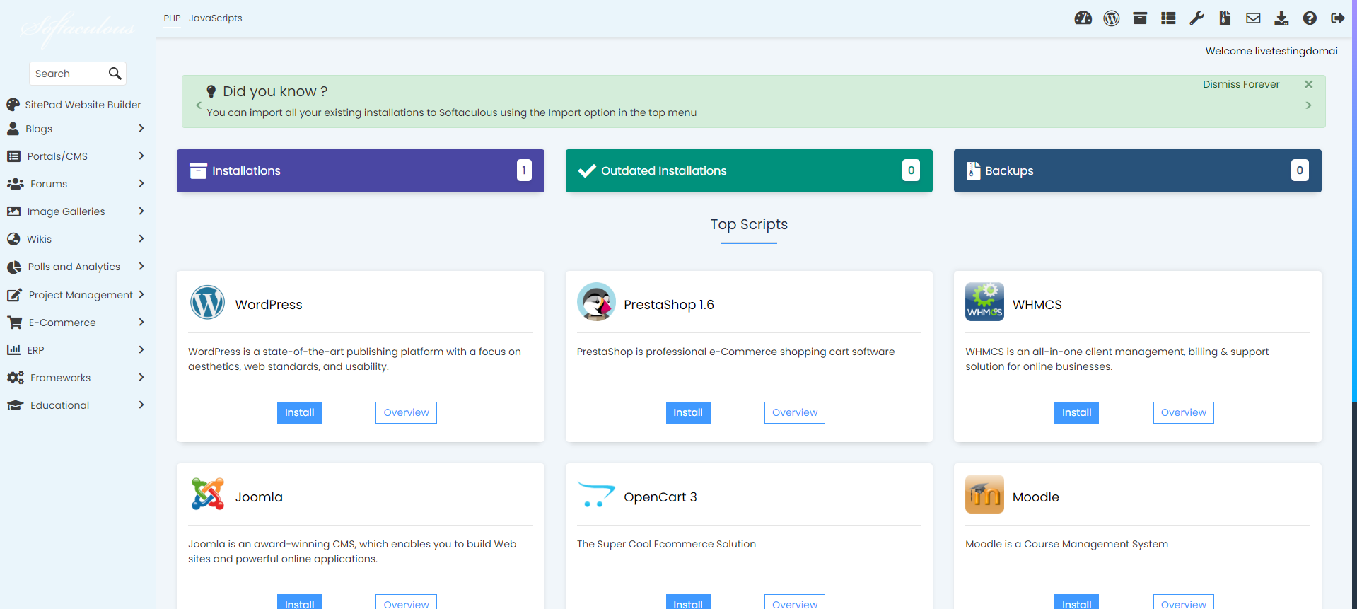 Change Softaculous Settings & Email Settings - Top Scripts