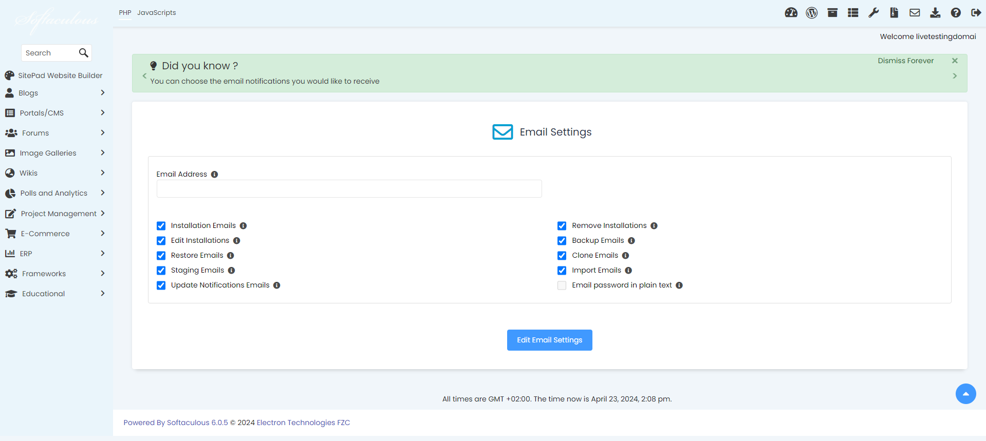 Change Softaculous Settings & Email Settings - Email Settings