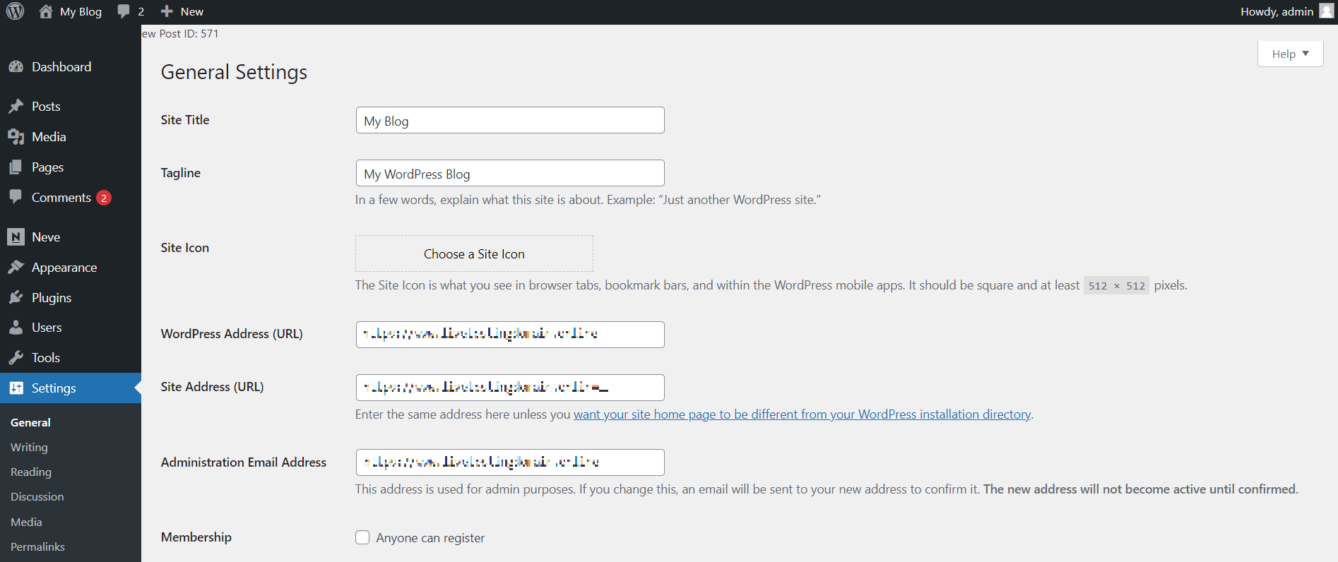 Change The Title And Tagline Of A WordPress Website - General Settings