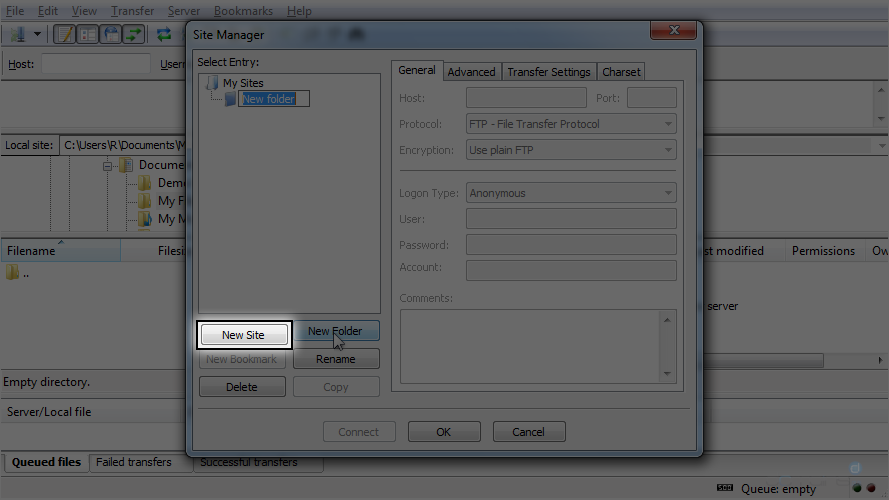 Configure a Site in FileZilla - New Site