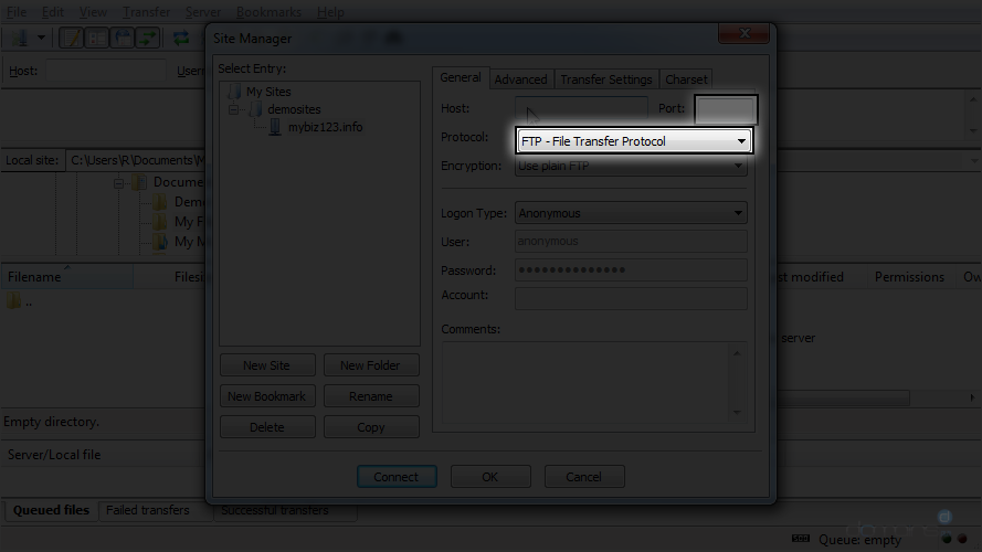 Configure a Site in FileZilla - Select FTP