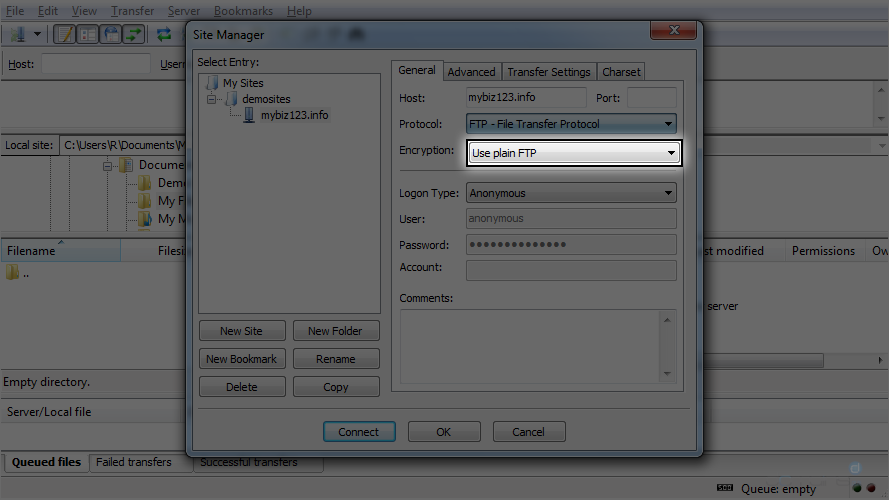 Configure a Site in FileZilla - Encryption: Use Plain FTP