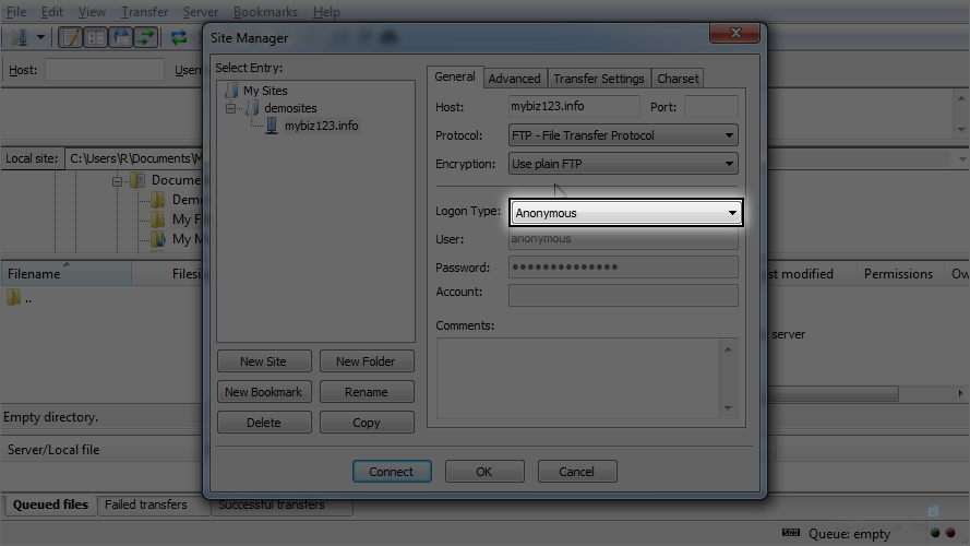 Configure a Site in FileZilla - Logon Type