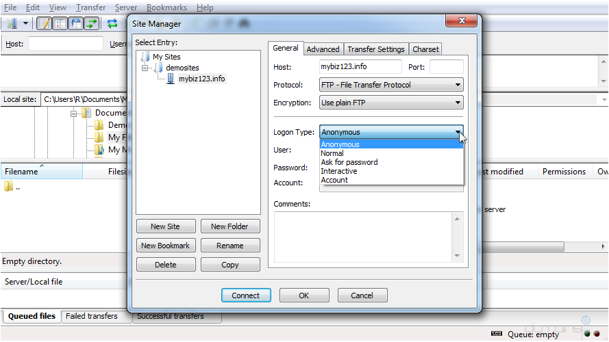Configure a Site in FileZilla - Logon Type Dropdown Menu