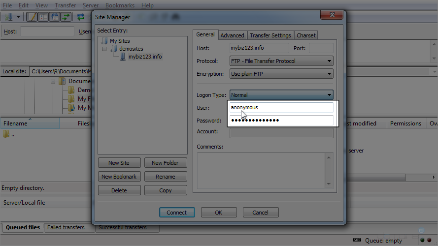 Configure a Site in FileZilla - Enter Username & Password