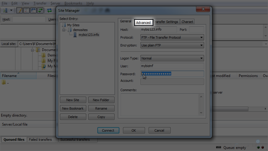 Configure a Site in FileZilla - Advanced Tab