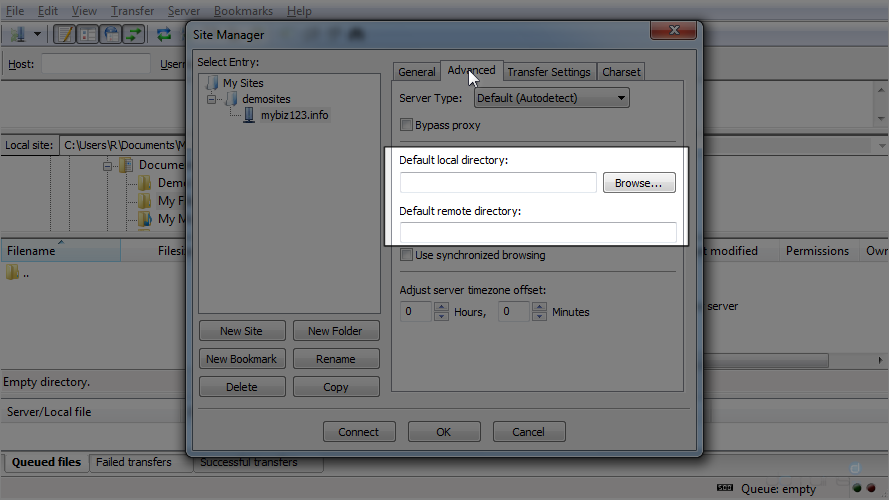 Configure a Site in FileZilla - Local and Remote Directory