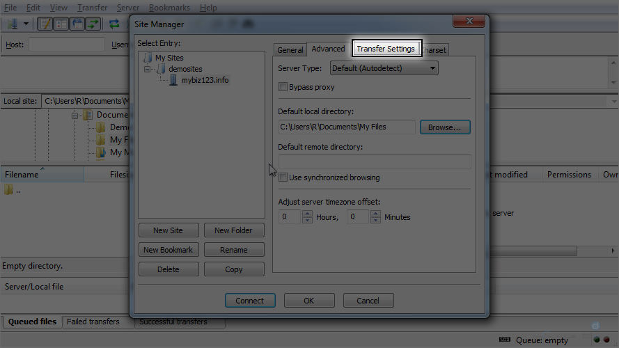 Configure a Site in FileZilla - Transfer Settings