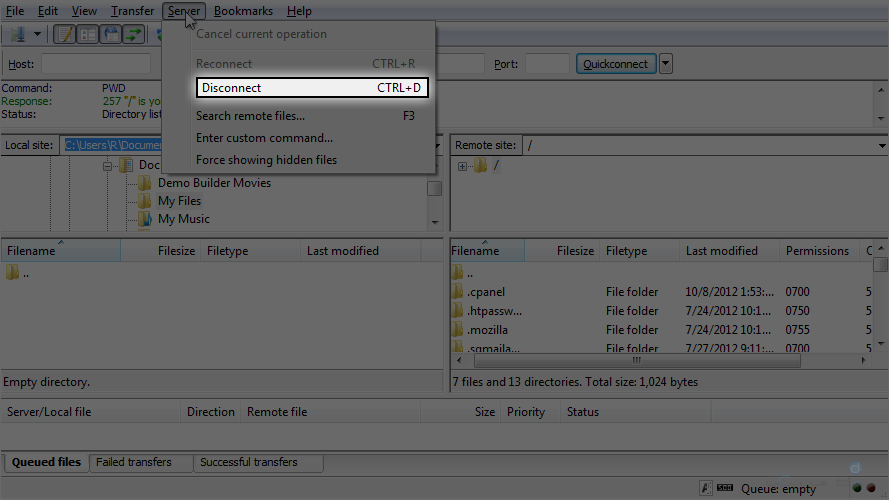 Configure a Site in FileZilla - Disconnect