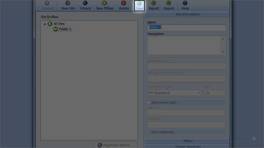FTP Voyager Screen - Save Site Information