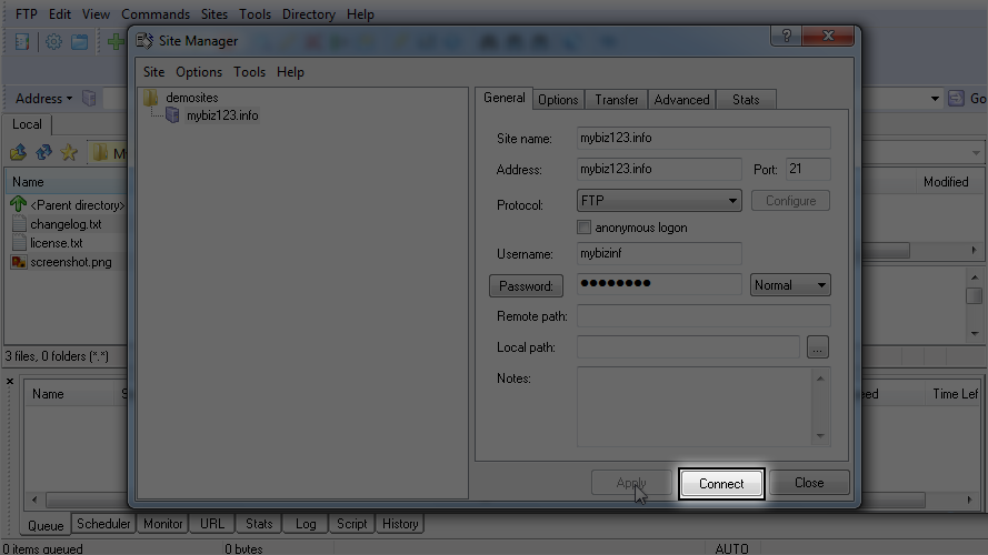 Configure a Site in LeapFTP - Connect