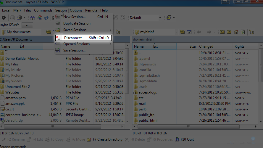 How To Configure A Site In WinSCP - Disconnect
