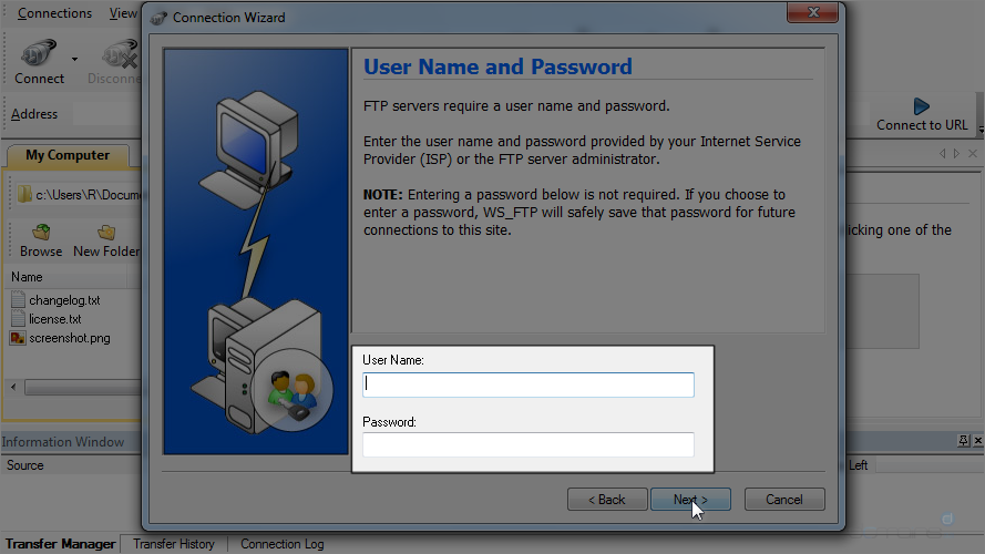 Configure a Site in WS FTP - User Name and Password