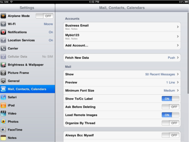 Configure iPad Email Settings - Mail Settings Screen