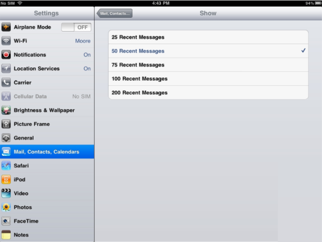 Configure iPad Email Settings - Show Messages