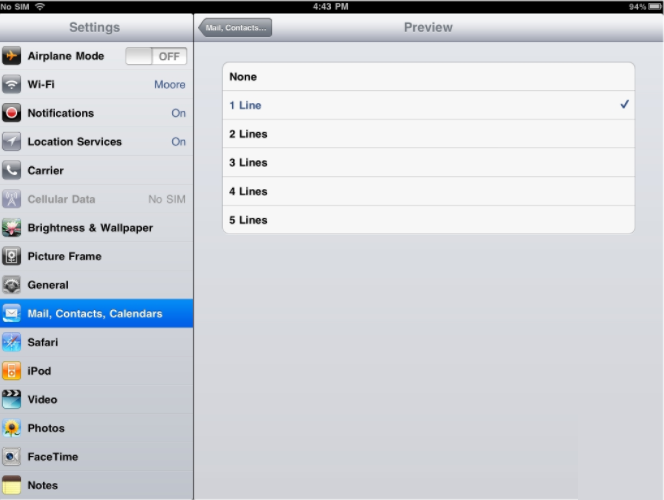Configure iPad Email Settings - Adjust Preview Lines