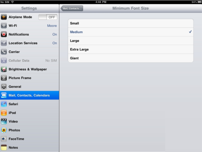 Configure iPad Email Settings - Adjust Font Size