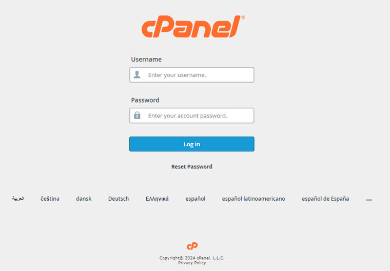 cPanel Login Screen