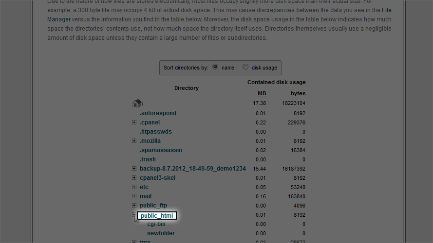 Use The cPanel Disk Space Usage Tool - Disk Space Usage Directories
