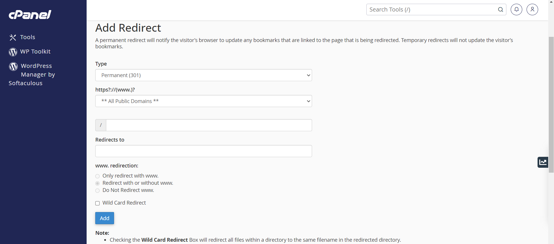 Setup A Domain Redirect in cPanel - Add Redirect