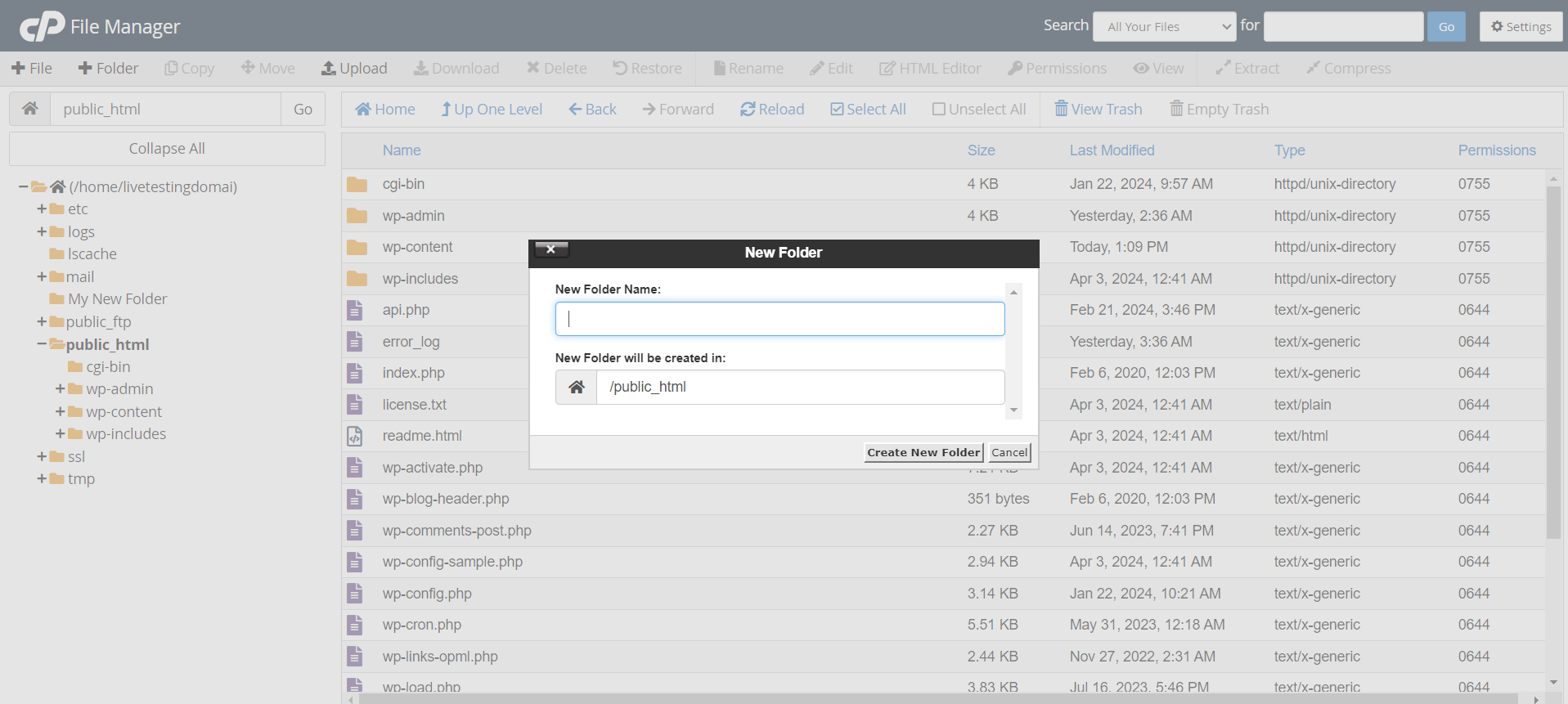 Use cPanel File Manager - Create a New Folder