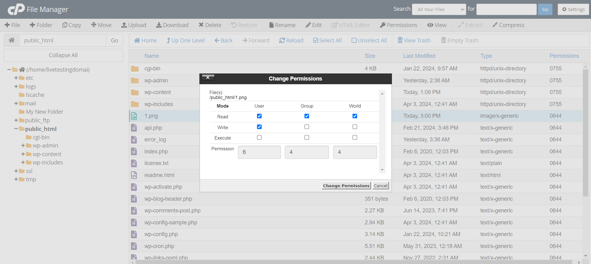 Use cPanel File Manager - Change Permission
