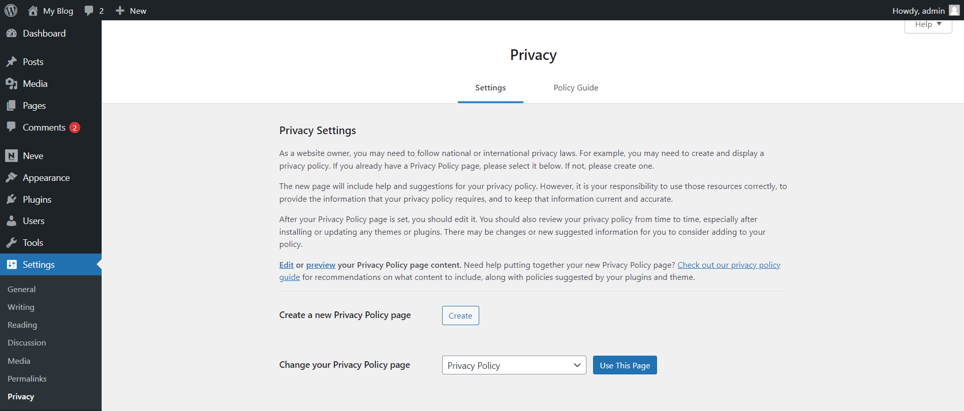 Create a Privacy Policy Page In WordPress - Create A New Privacy Policy Page