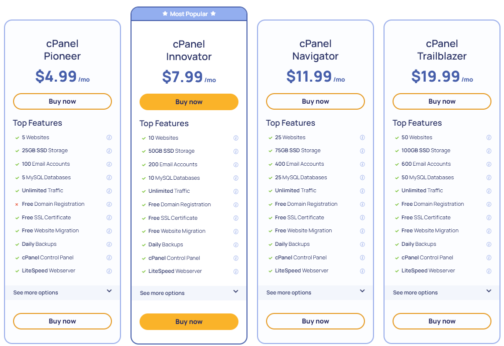cPanel Navigator vs cPanel Trailblazer Web Hosting Plan