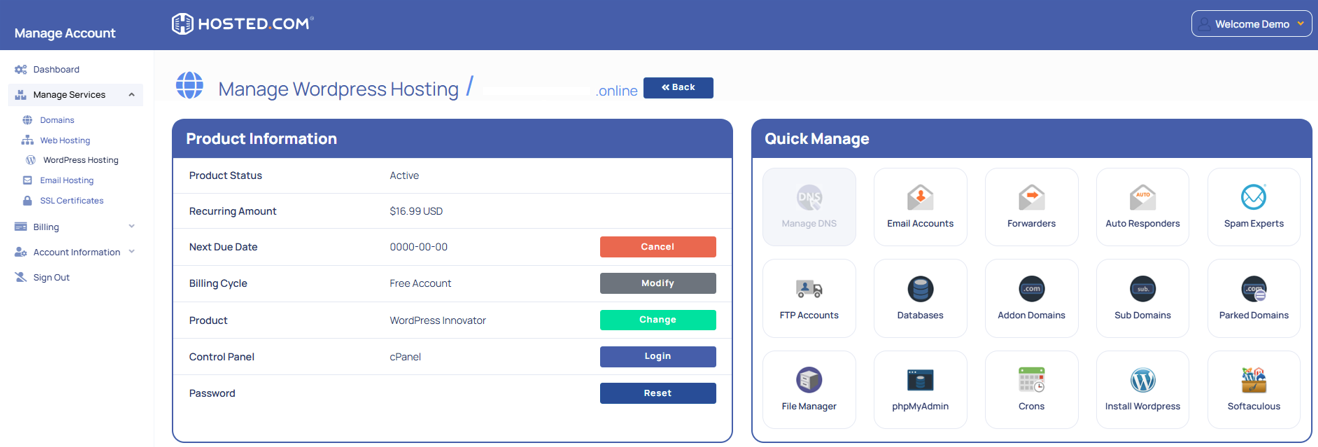 Hosted.com® Dashboard Manage Services