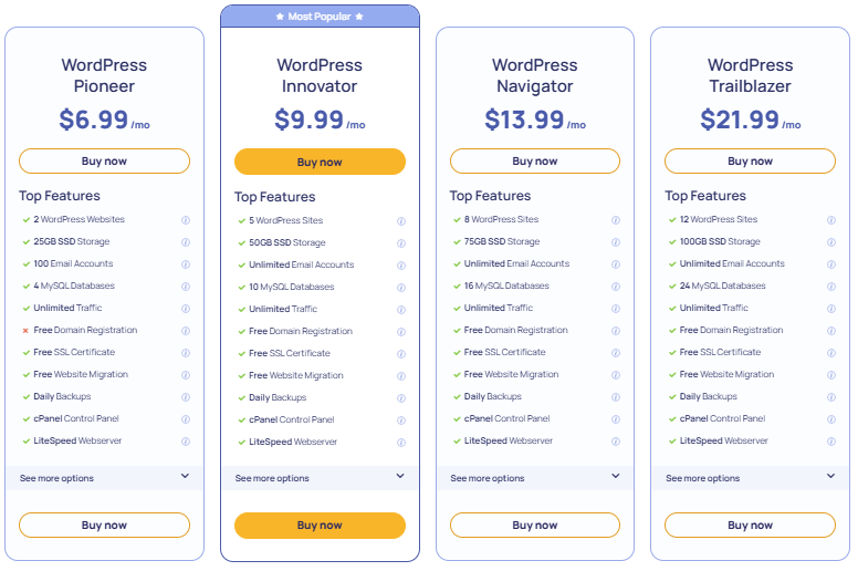 WordPress Pioneer vs WordPress Innovator Hosting Plan