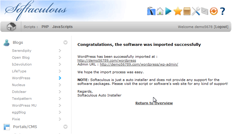 Import A Script Into Softaculous - Software Imported Successfully