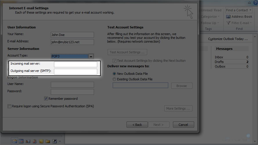 Outlook 2010 - Incoming Outgoing Server