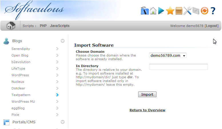 Install a Softaculous Script - Import Software