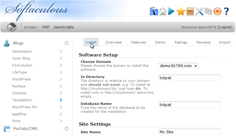 Install a Softaculous Script - Software Setup