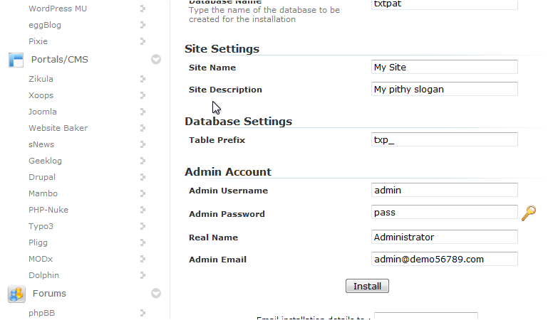 Install a Softaculous Script - Site & Database Settings