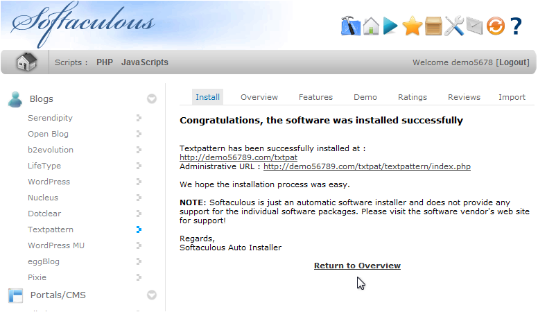 Install a Softaculous Script - Software Installed Successfully