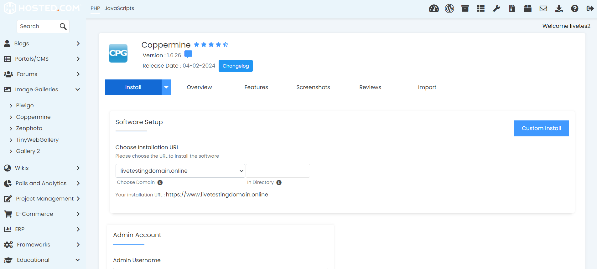 Install Coppermine In Softaculous - Coppermine Custom Install