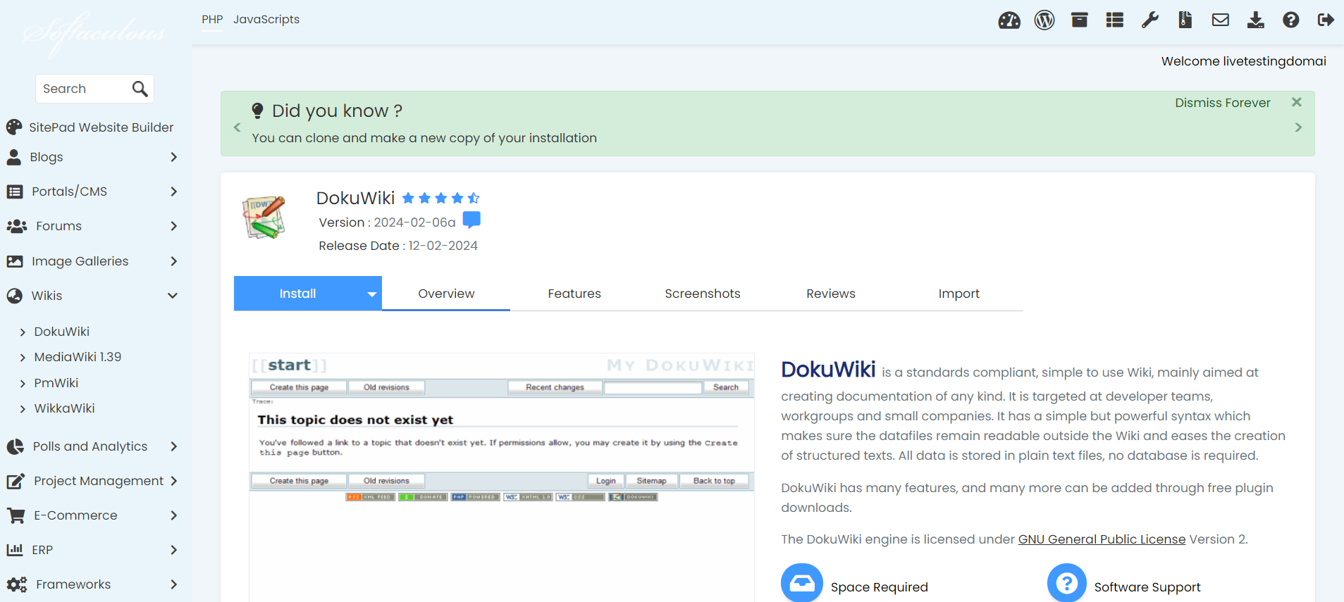 Install DokuWiki In Softaculous - DokuWiki Main Screen