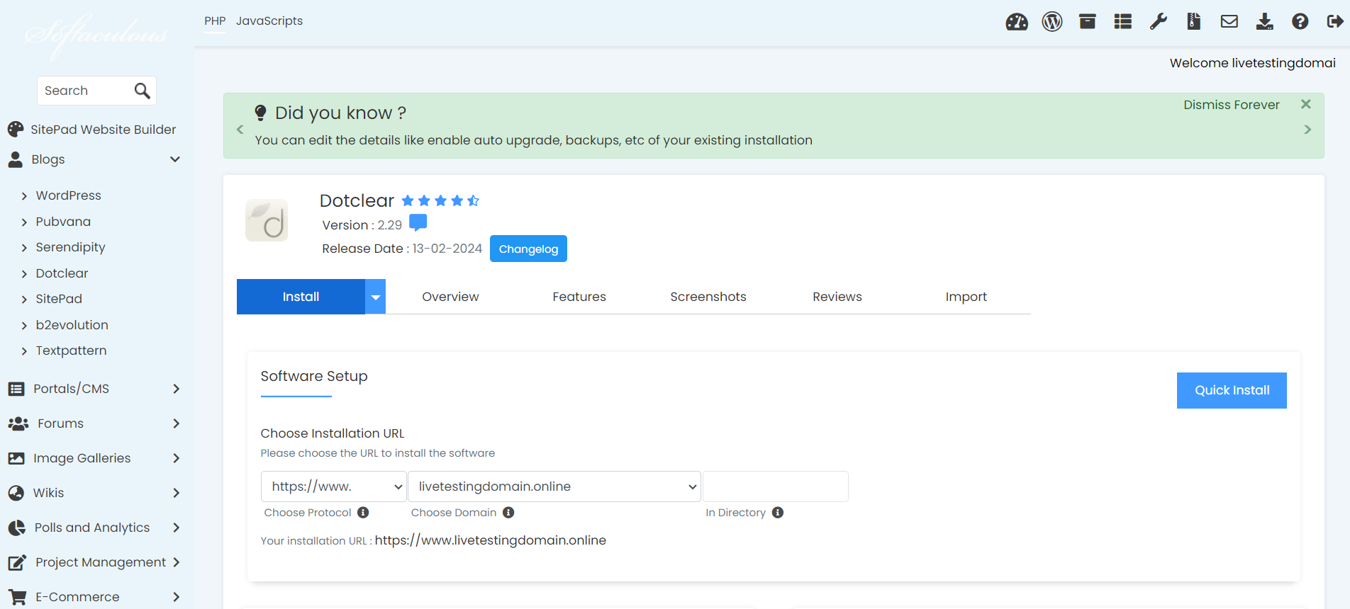 Install Dotclear From Softaculous - Dotclear Quick Install