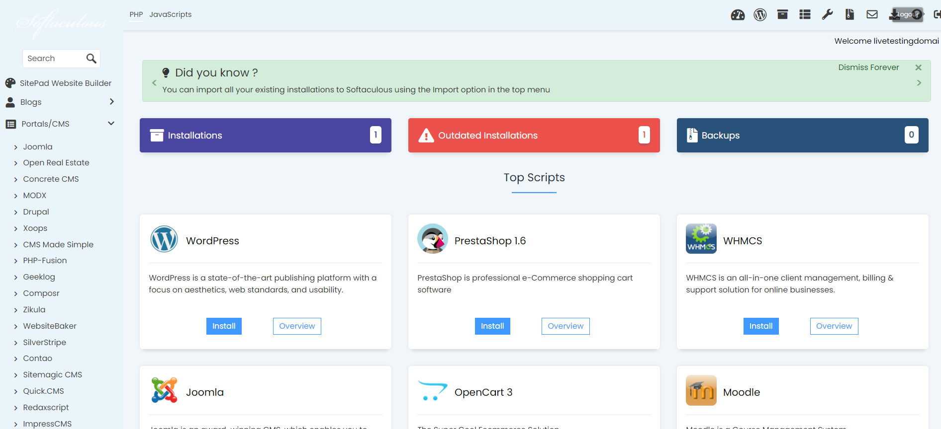 Install Drupal From Softaculous - Softaculous Dashboard