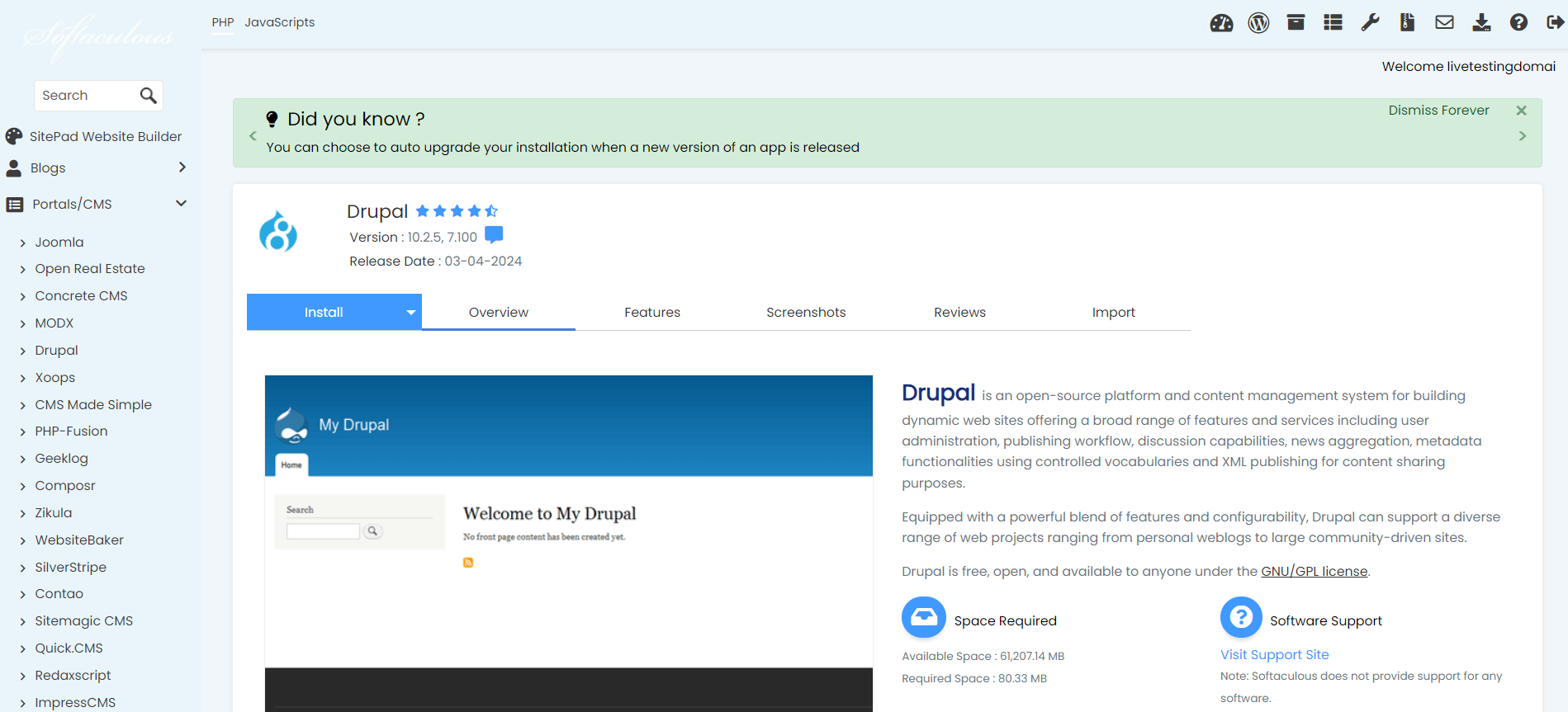 Install Drupal From Softaculous - Drupal Main Screen