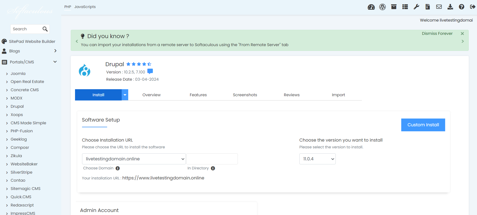 Install Drupal From Softaculous - Drupal Custom Install