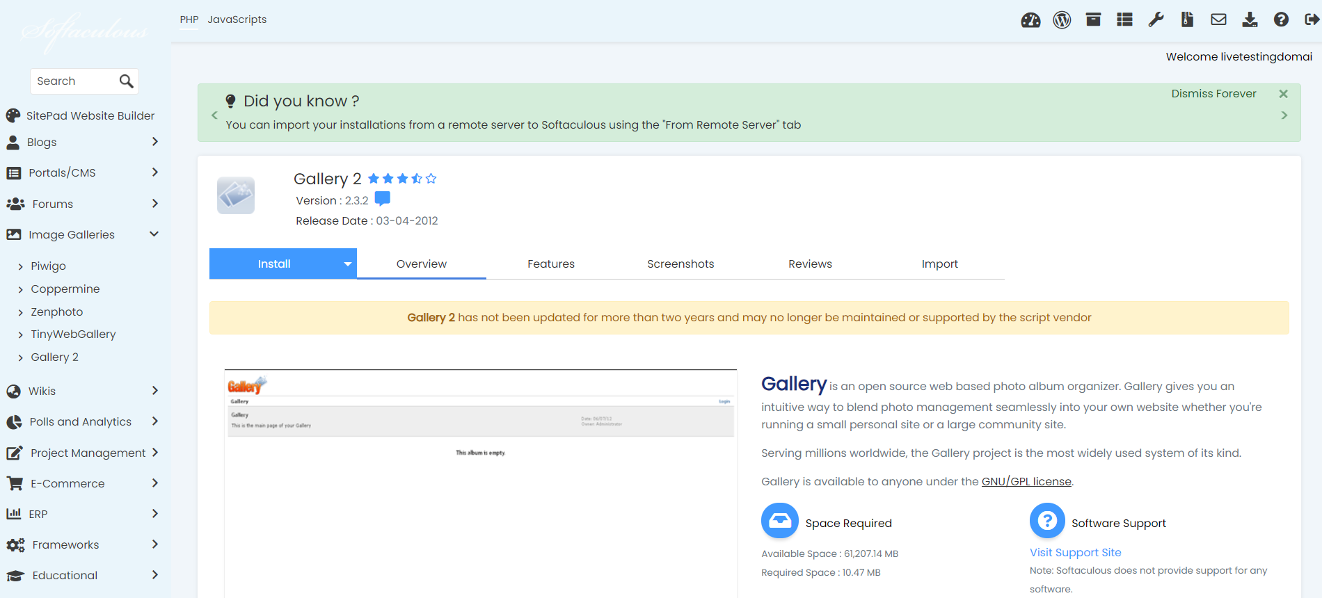 Install Gallery From Softaculous - Gallery 2 Overview