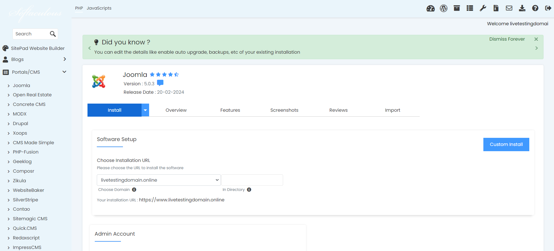 Install Joomla From Softaculous - Joomla Software Setup