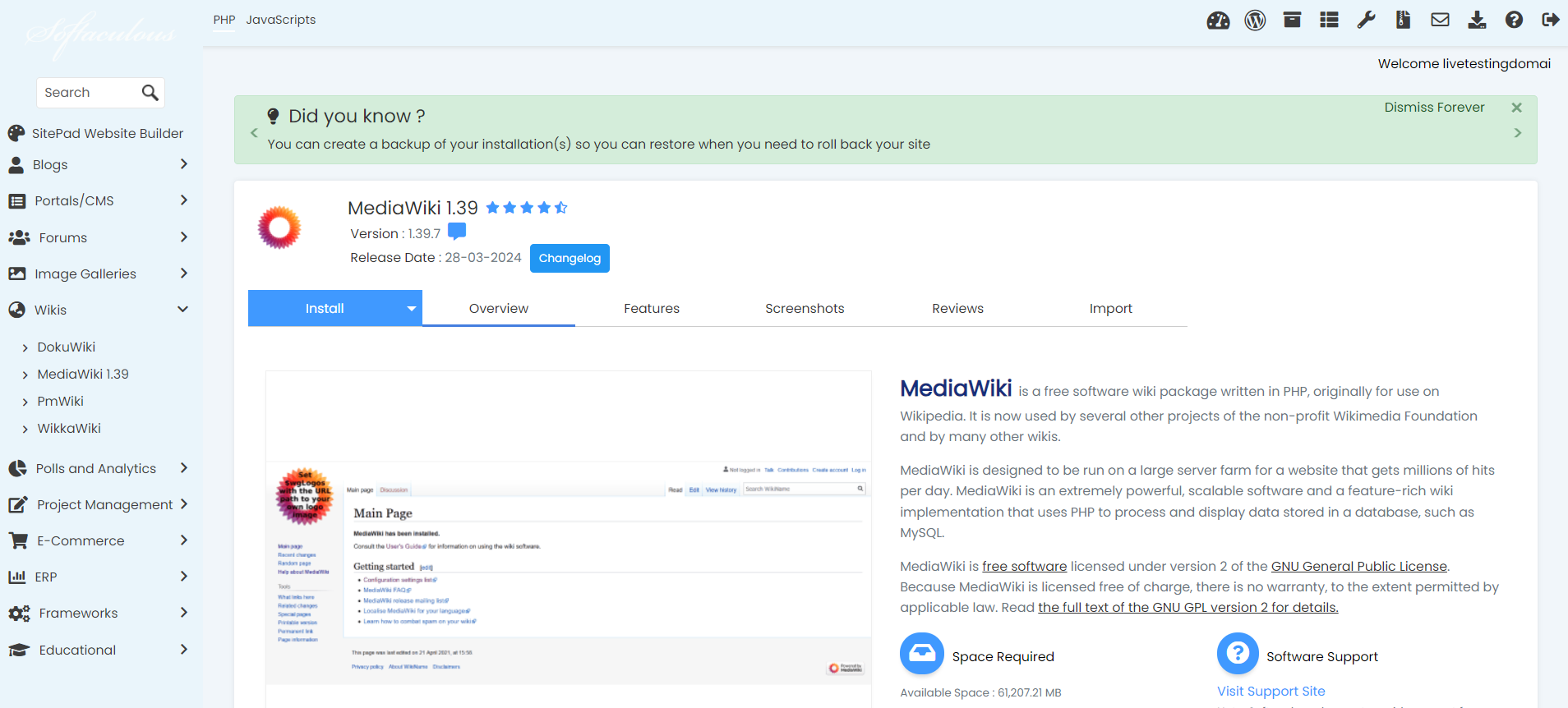 Install MediaWiki From Softaculous - MediaWiki