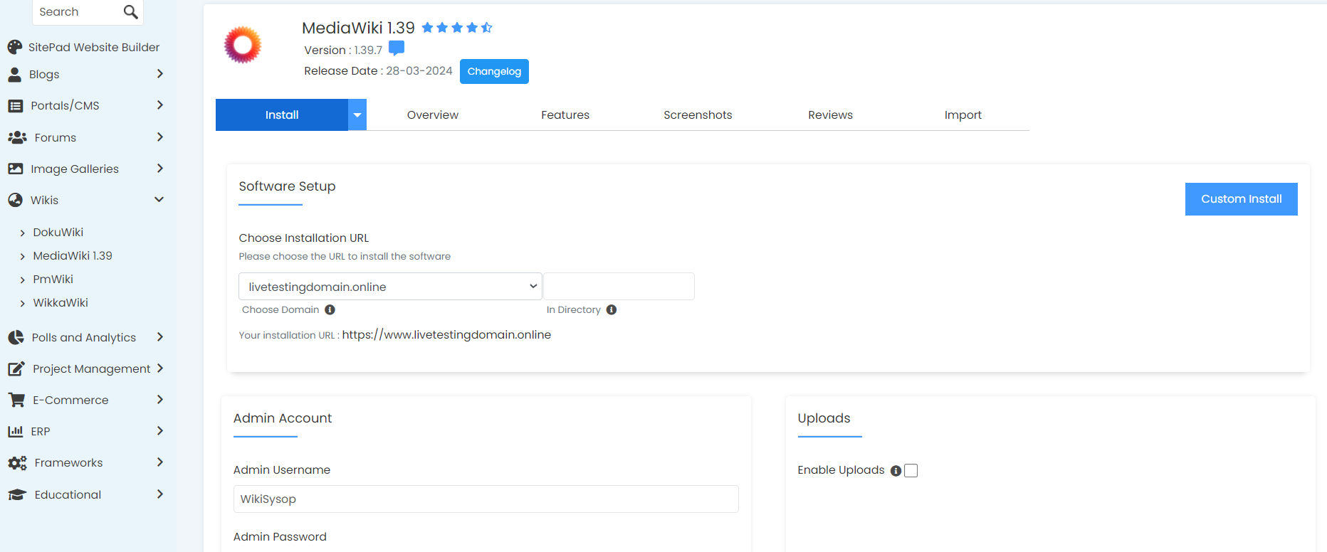 Install MediaWiki From Softaculous - MediaWiki Custom Install